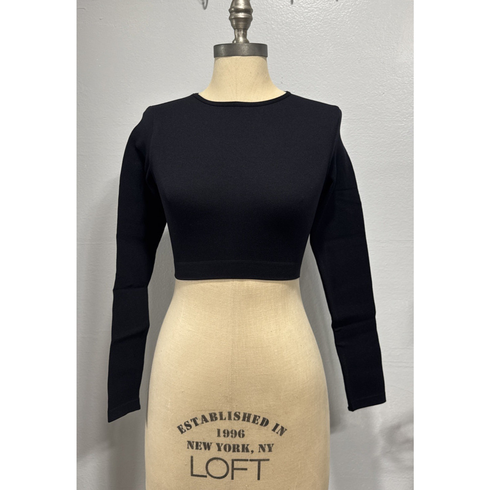 Zara Crop Top Crew Neck Pullover Stretch Long Sleeve Black Stretch Sz XS Stylish